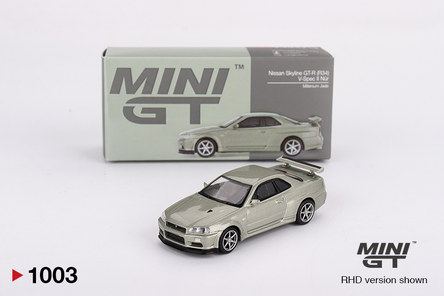 NISSAN SKYLINE GT-R (R34) V- SPEC II NÜR MILLENIUM JADE 2002 - 1:64 -Mini GT